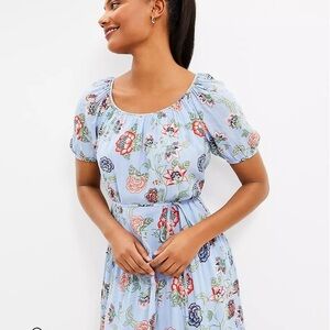 LOFT Petite Floral Tie Waist Tiered Midi Dress PS Multicolor Casual